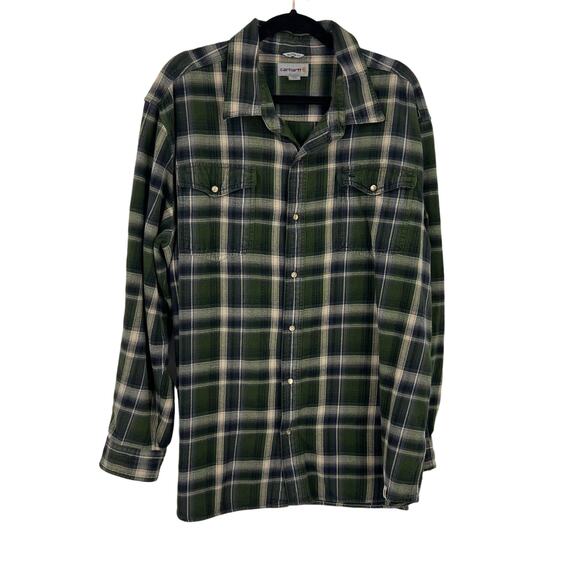 Carthartt Green Plaid Flannel Casual Button Down Shirt Relaxed Fit Men's 2XL - Picture 1 of 11